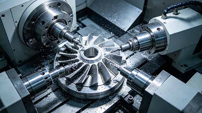 5-axis machining center cutting aerospace turbine blade from multiple angles