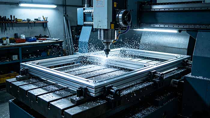 Large one-piece aluminum fuselage frame being machined on spindle-out 5-axis mill